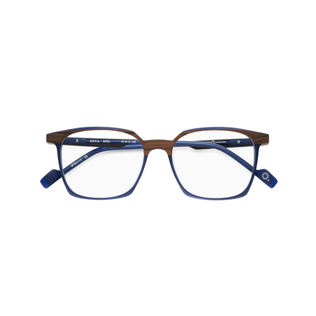 Borja Wood-Textured Rectangular Eyeglasses with Blue Accents