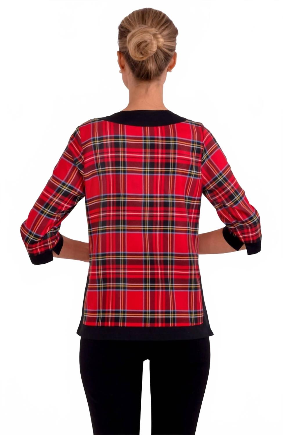 Split Neck Tunic Top In Red Multi