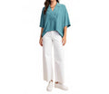 V-Neck Collared Pop Over Top In Teal