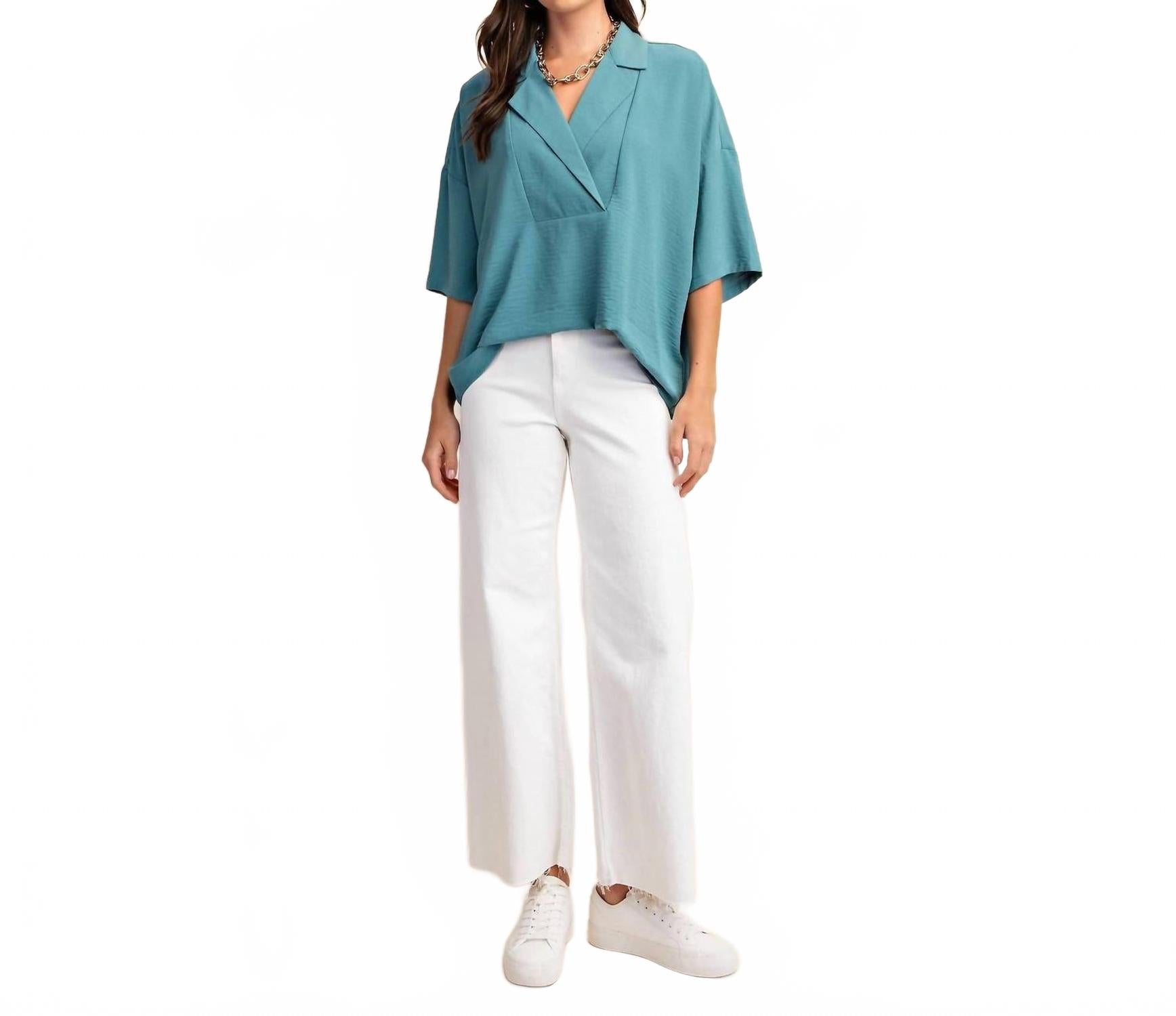 V-Neck Collared Pop Over Top In Teal