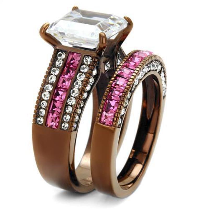 IP Coffee light Stainless Steel Ring with AAA Grade CZ in Clear