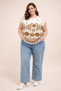 Plus Size Folk Floral Border Print Button-shoulder Top