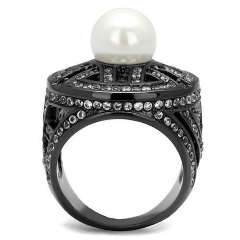 IP Light Black Stainless Steel Ring with Synthetic Pearl in White