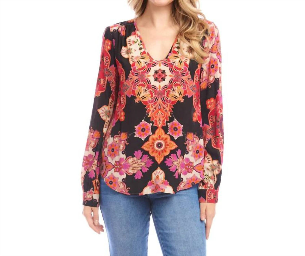 Lavinia Long Sleeve Shirred Blouse In Multi