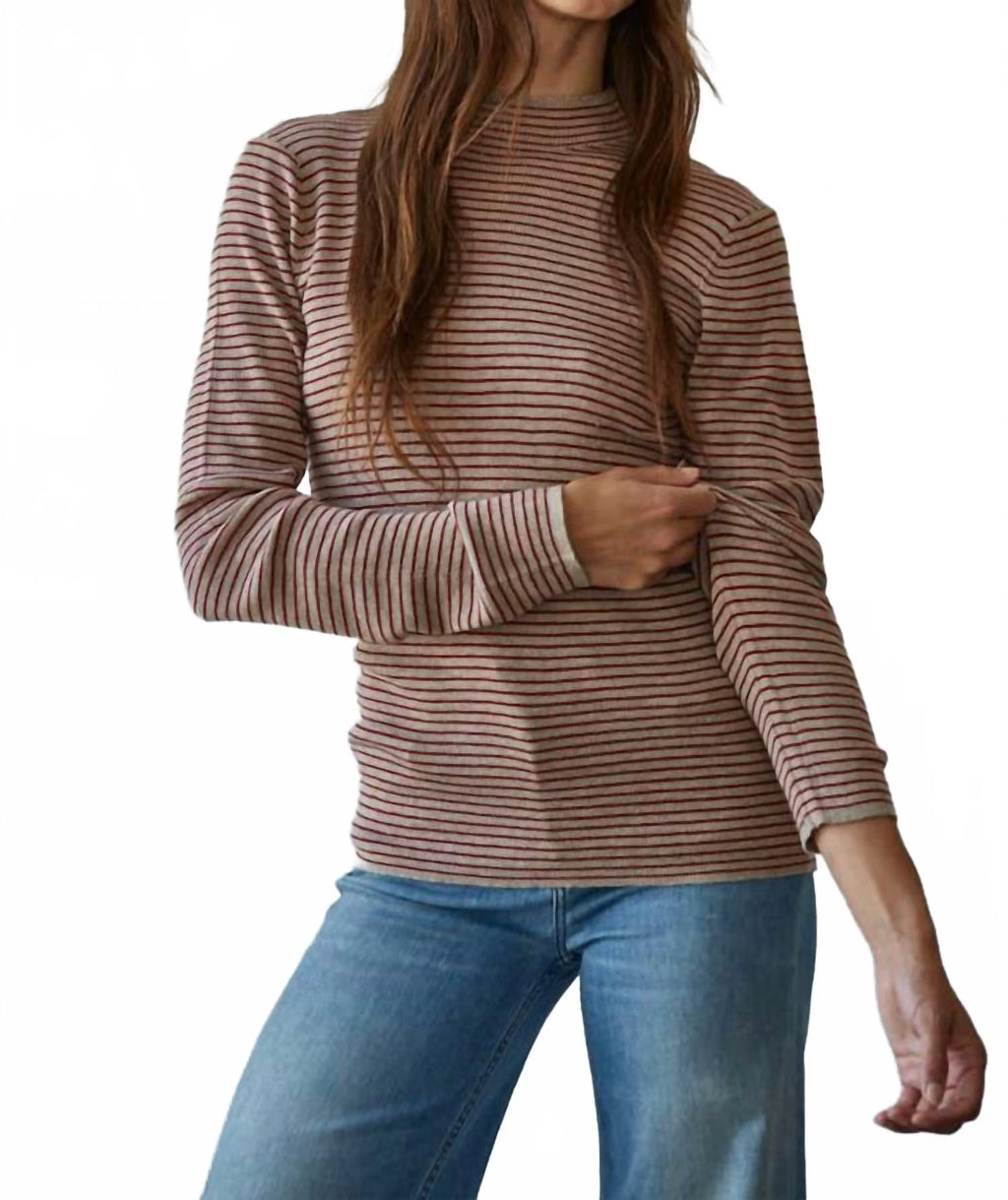 Knit Sweater Striped Mock Neck Top In Taupe Red