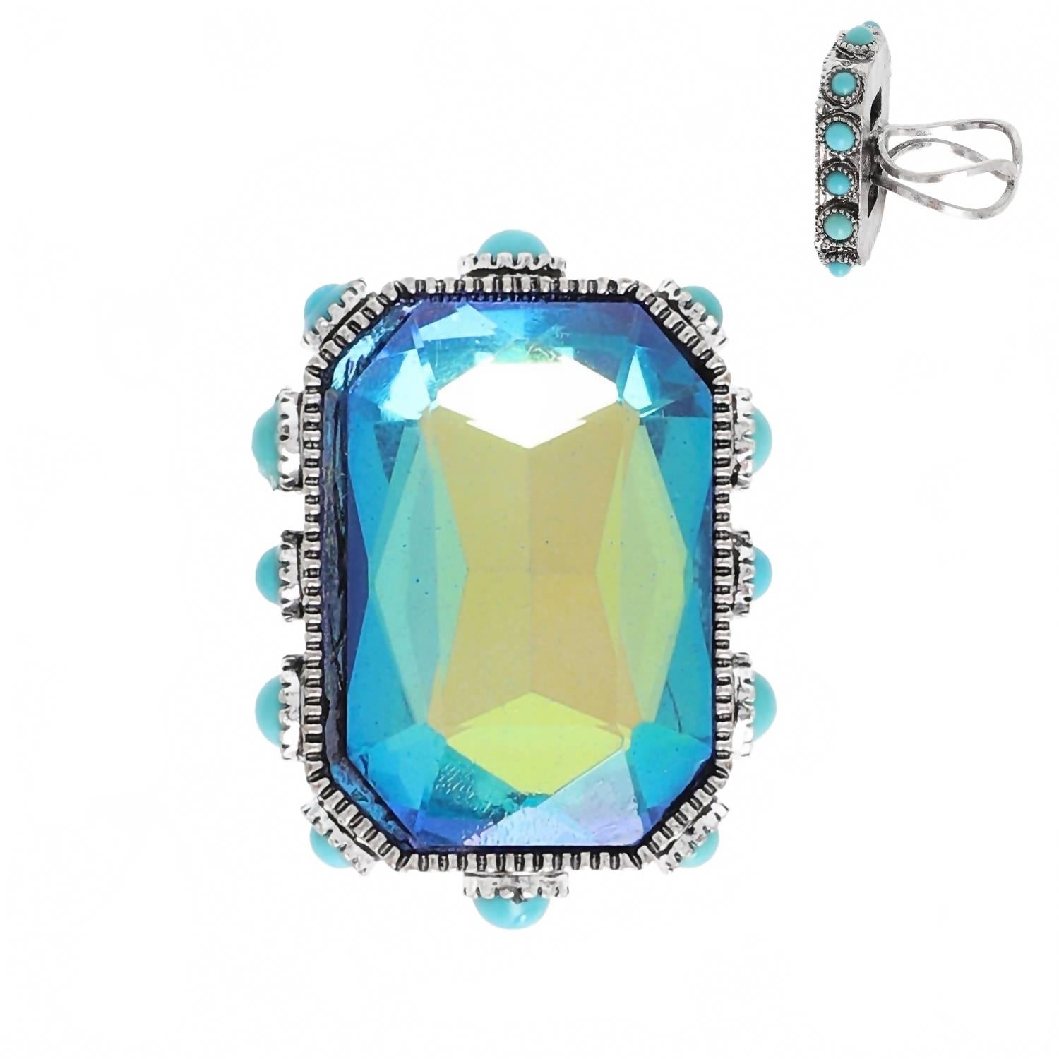 Women's Crystal Adjustable Ring In Blue Octagon
