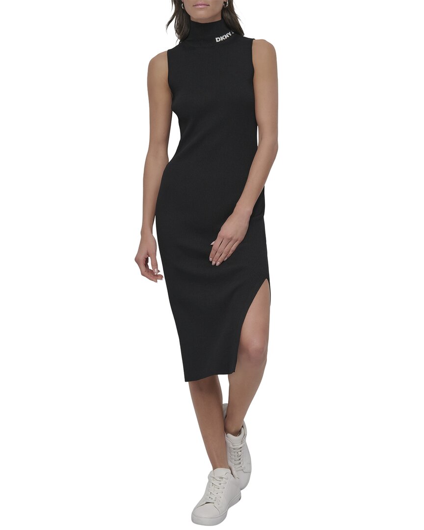 DKNY Mock Neck Rib Midi Dress With Logo At Neck