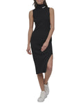 DKNY Mock Neck Rib Midi Dress With Logo At Neck