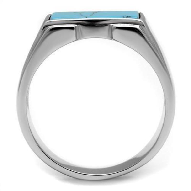 High polished (no plating) Stainless Steel Ring with Synthetic Imitation Amber in Sea Blue