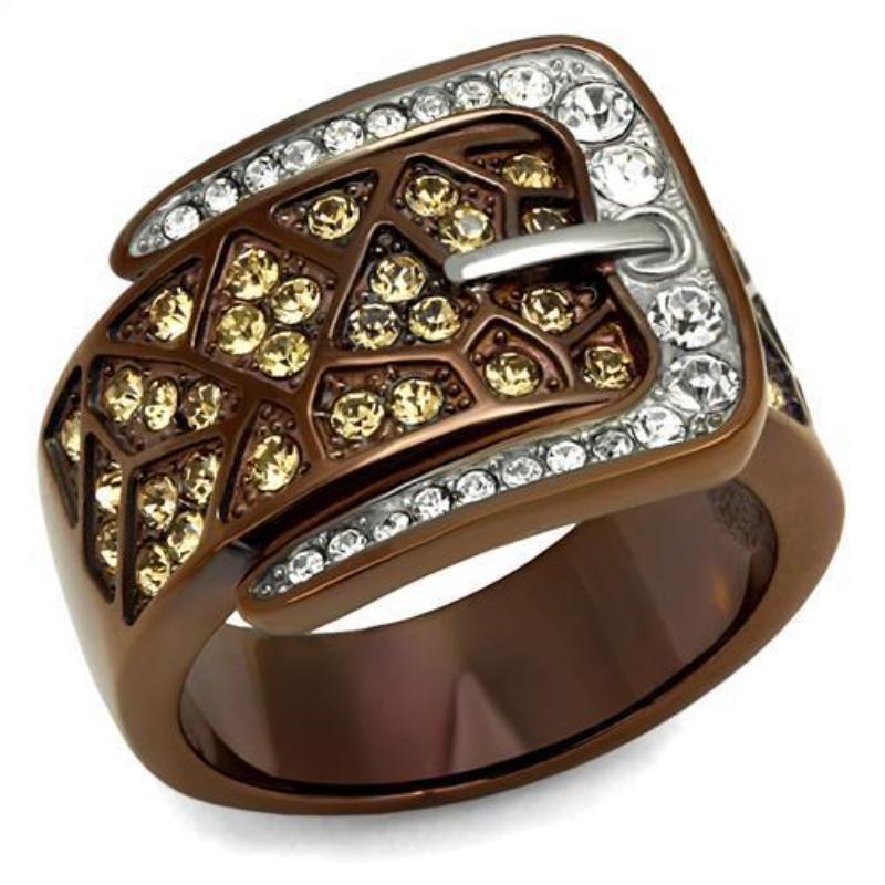 Two Tone IP Light Brown (IP Light coffee) Stainless Steel Ring with Top Grade Crystal in Citrine Yellow