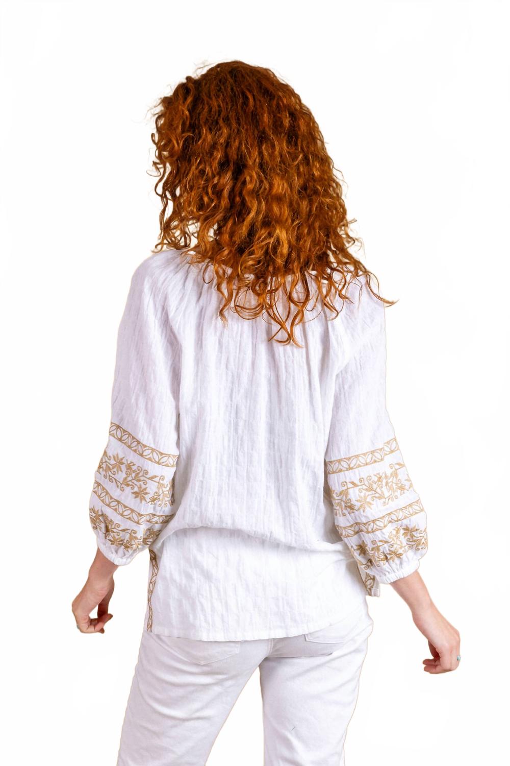 Textured Woven Embroidered Peasant Top In White