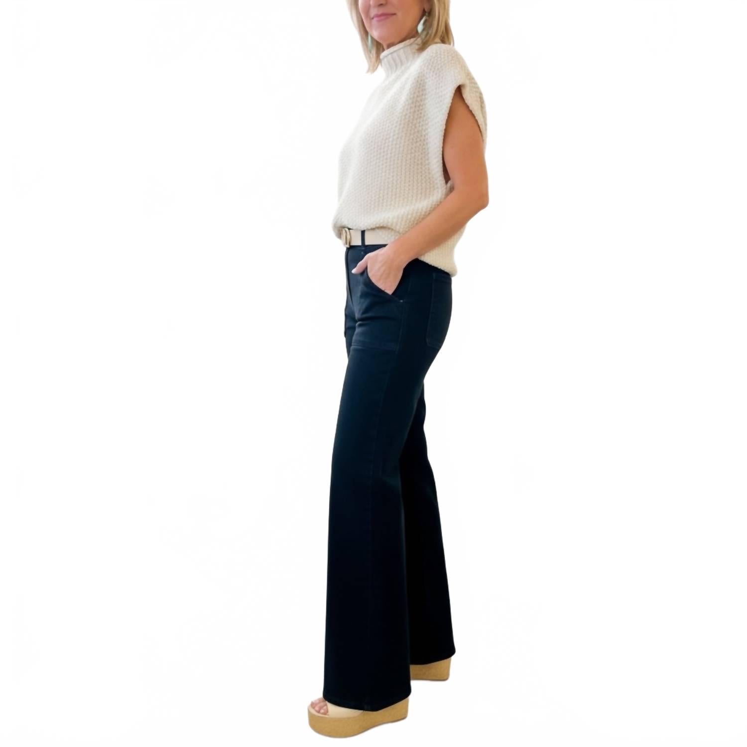 Patch Pocket Wide Leg Flare Jeans In Black