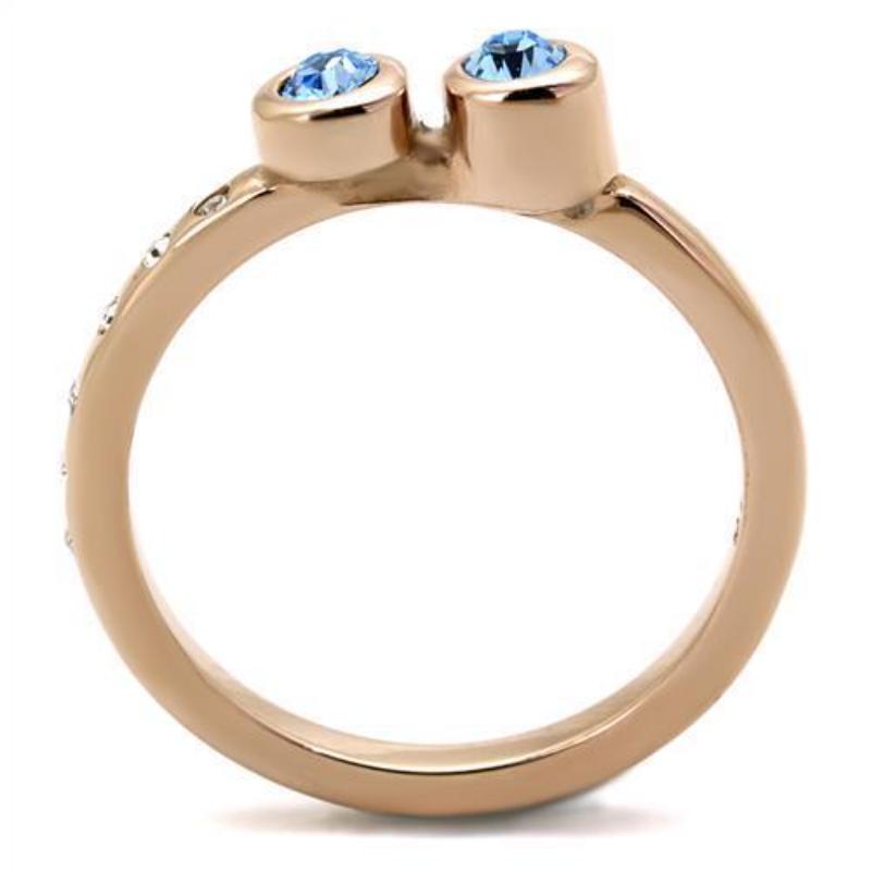 IP Rose Gold(Ion Plating) Stainless Steel Ring with Top Grade Crystal in Sea Blue