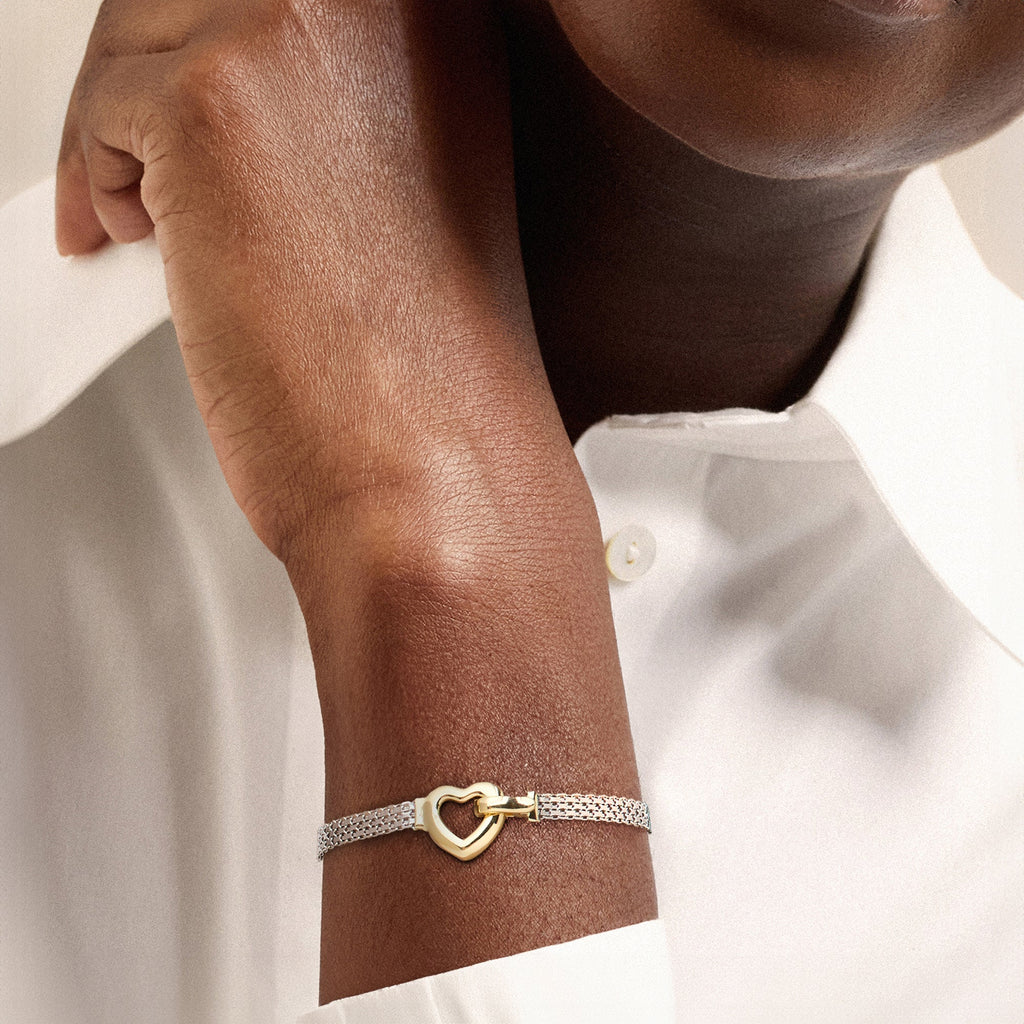 Ross-Simons Sterling Silver and 18kt Gold Over Sterling Heart Bismark-Link Bracelet