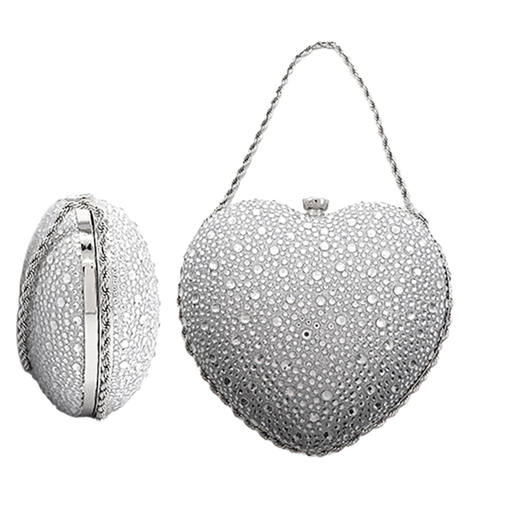 Rhinestone Studded Heart Shaped Evening Clutch Crossbody Bag