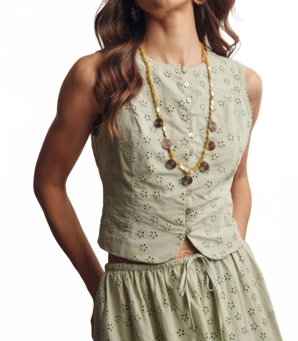 Eyelet Button-Front Top In Green