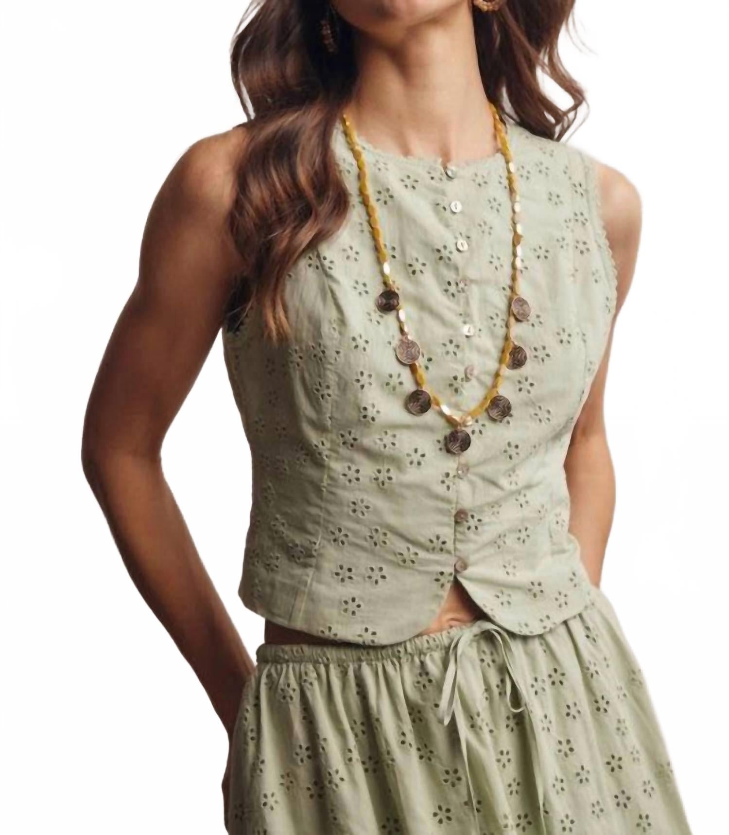 Eyelet Button-Front Top In Green