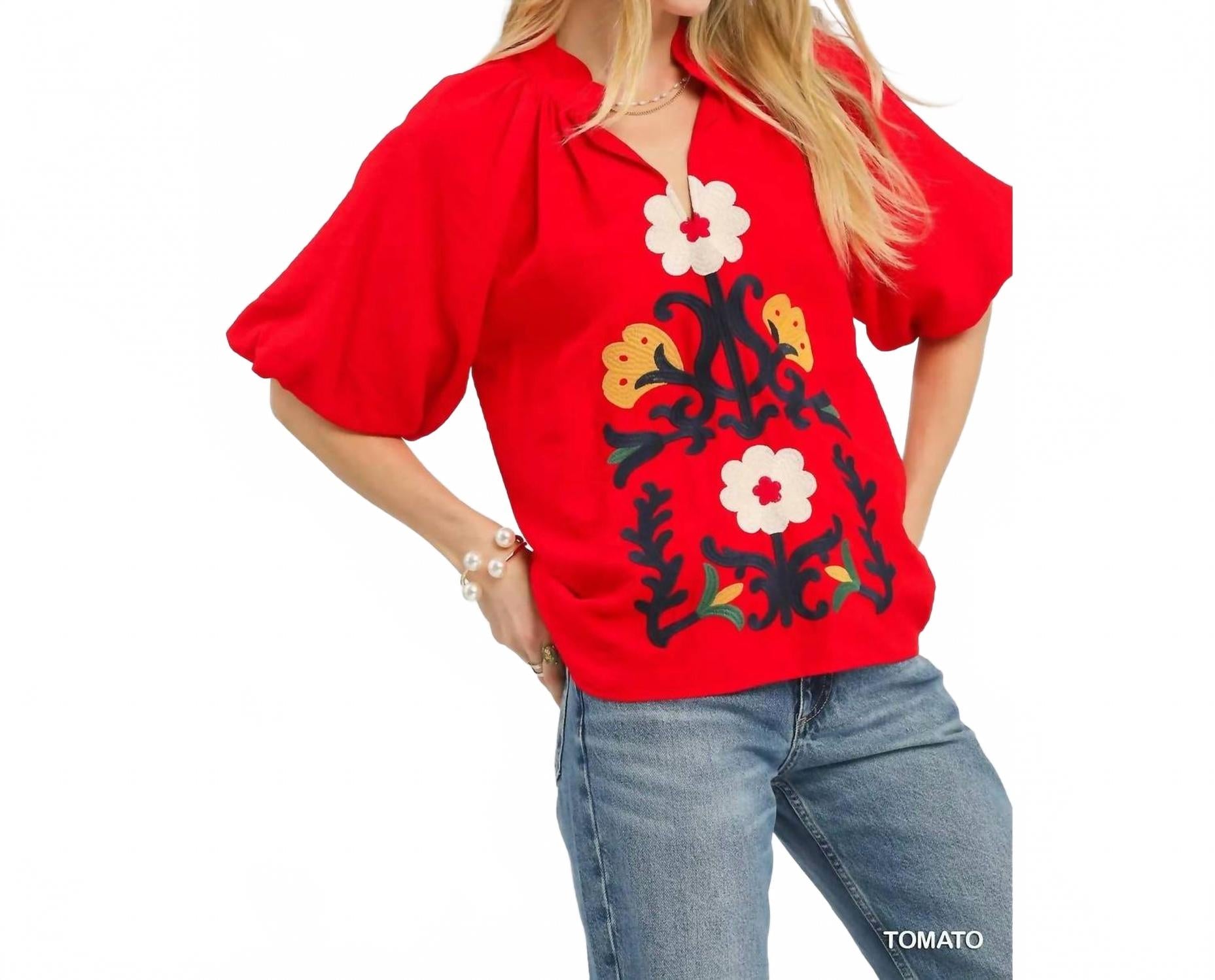 Embroidered Boho Top In Tomato