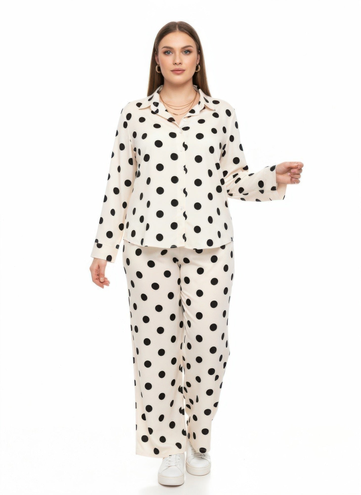 Dot Button-up Top & Wide Leg Pants Set