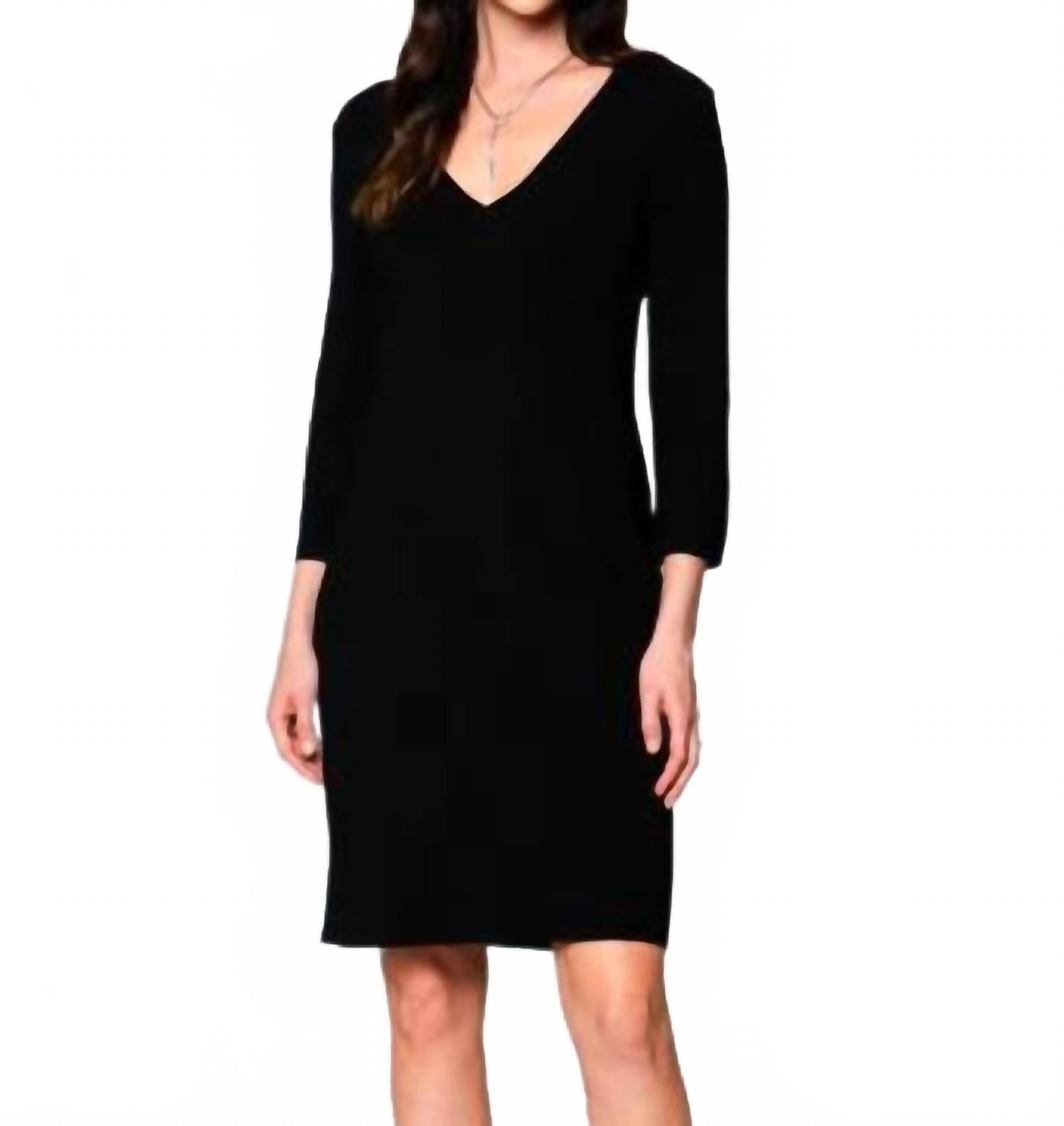 Vanessa Milano Knit Three Quarter Sleeves Sheath Midi Dress In Black