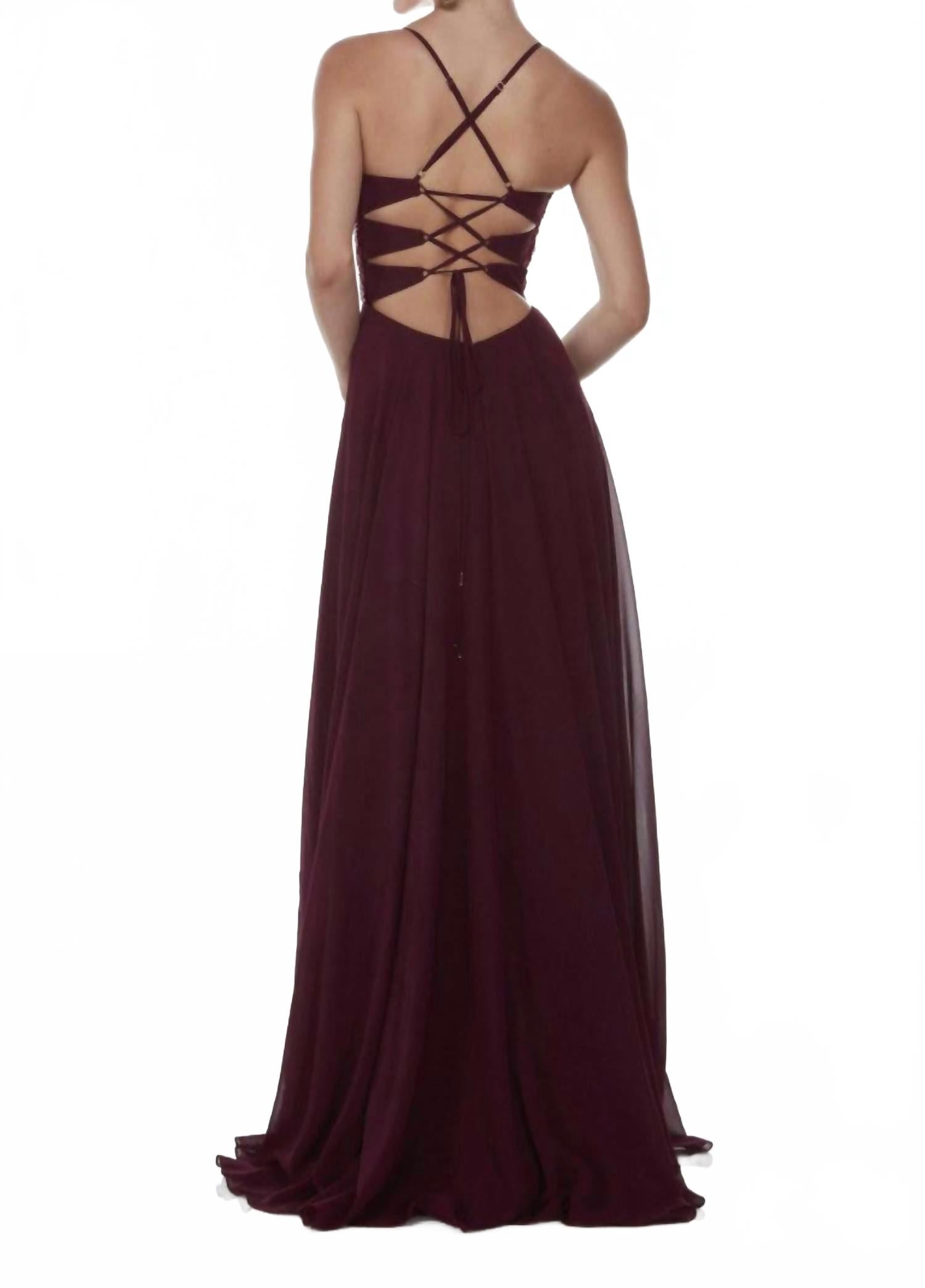 A-Line Plunging Neckline Gown In Black Cherry