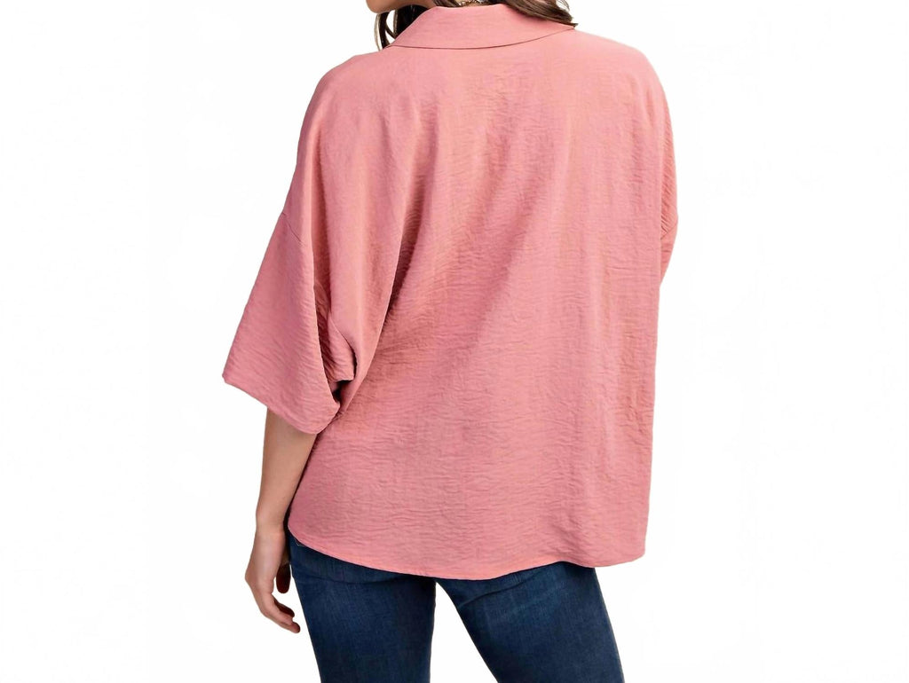 V-Neck Collared Pop Over Top In Dusty Pink