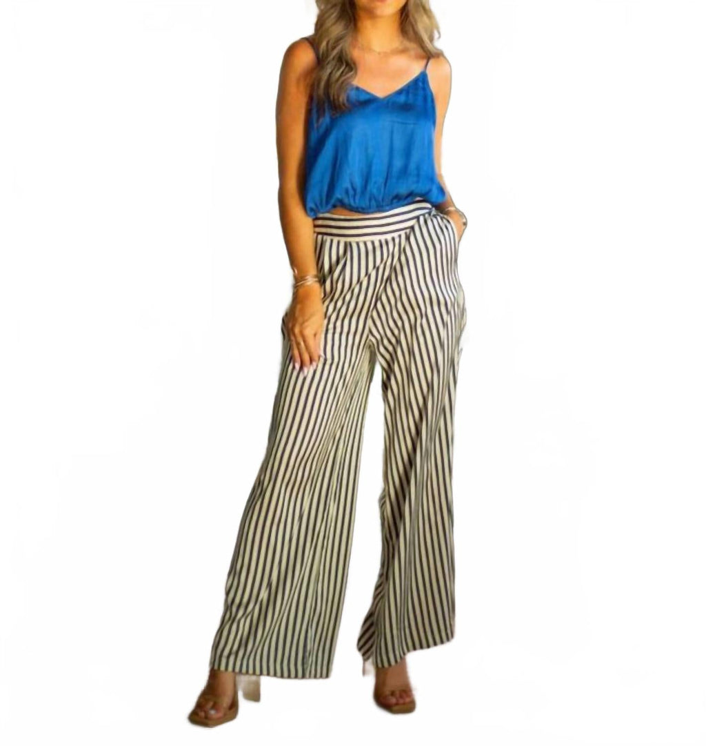 Striped Elastic Waist Straight Leg Pants In Black/ White