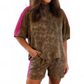 Leopard Lounge Short Set With Stripe In Multi