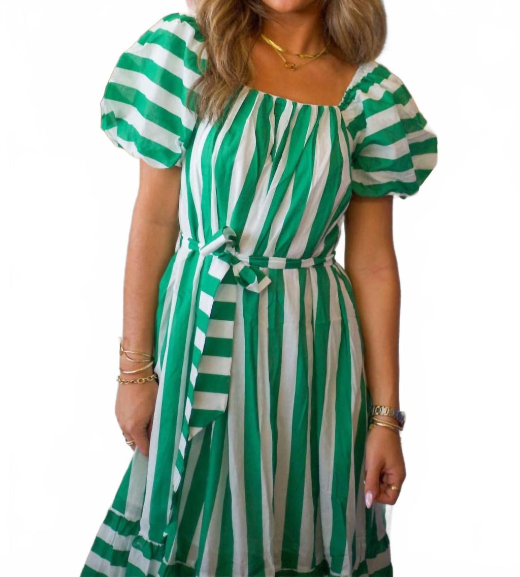 Striped Midi Puff Sleeve Dress In Green