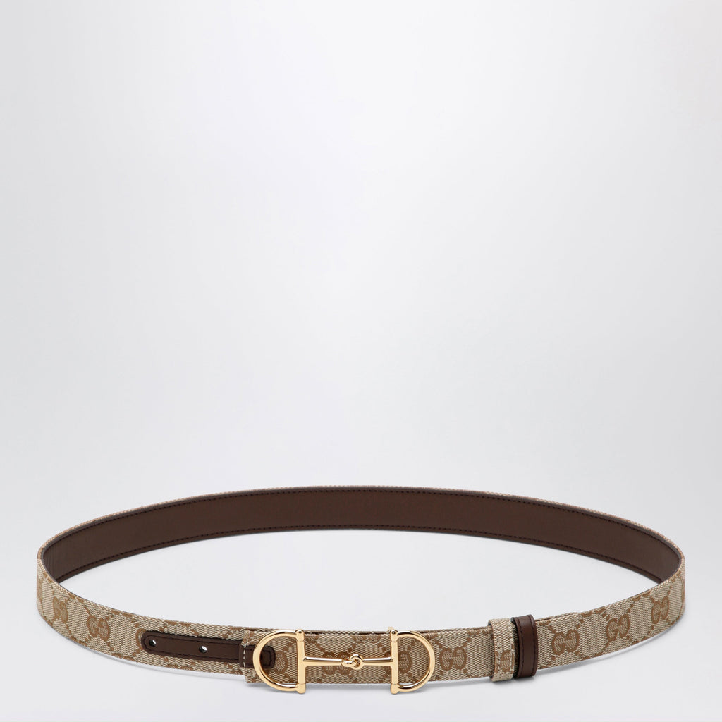 Gucci Reversible Gg Fabric And Leather Belt In Sand/Brown With Horsebit Buckle Women