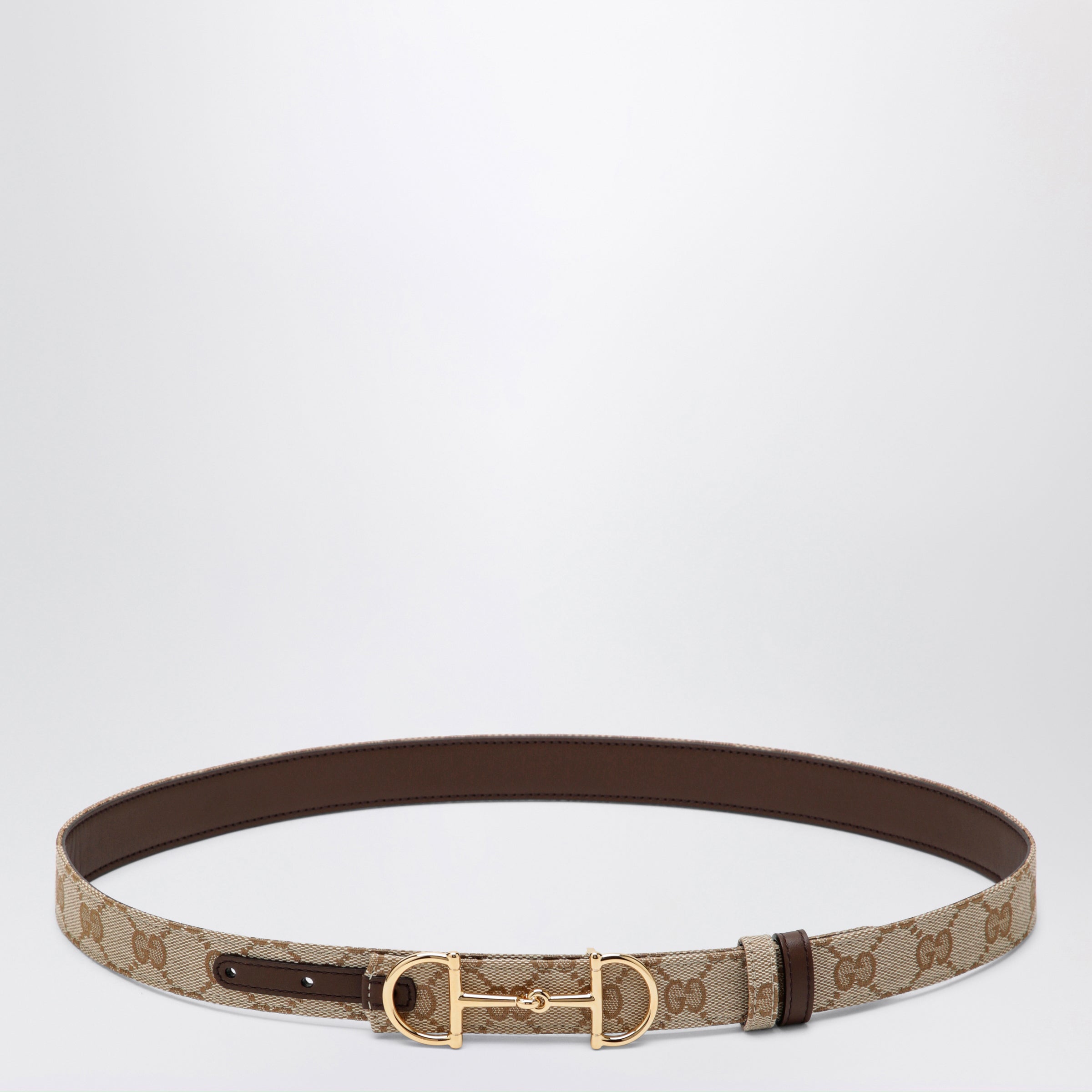 Gucci Reversible Gg Fabric And Leather Belt In Sand/Brown With Horsebit Buckle Women