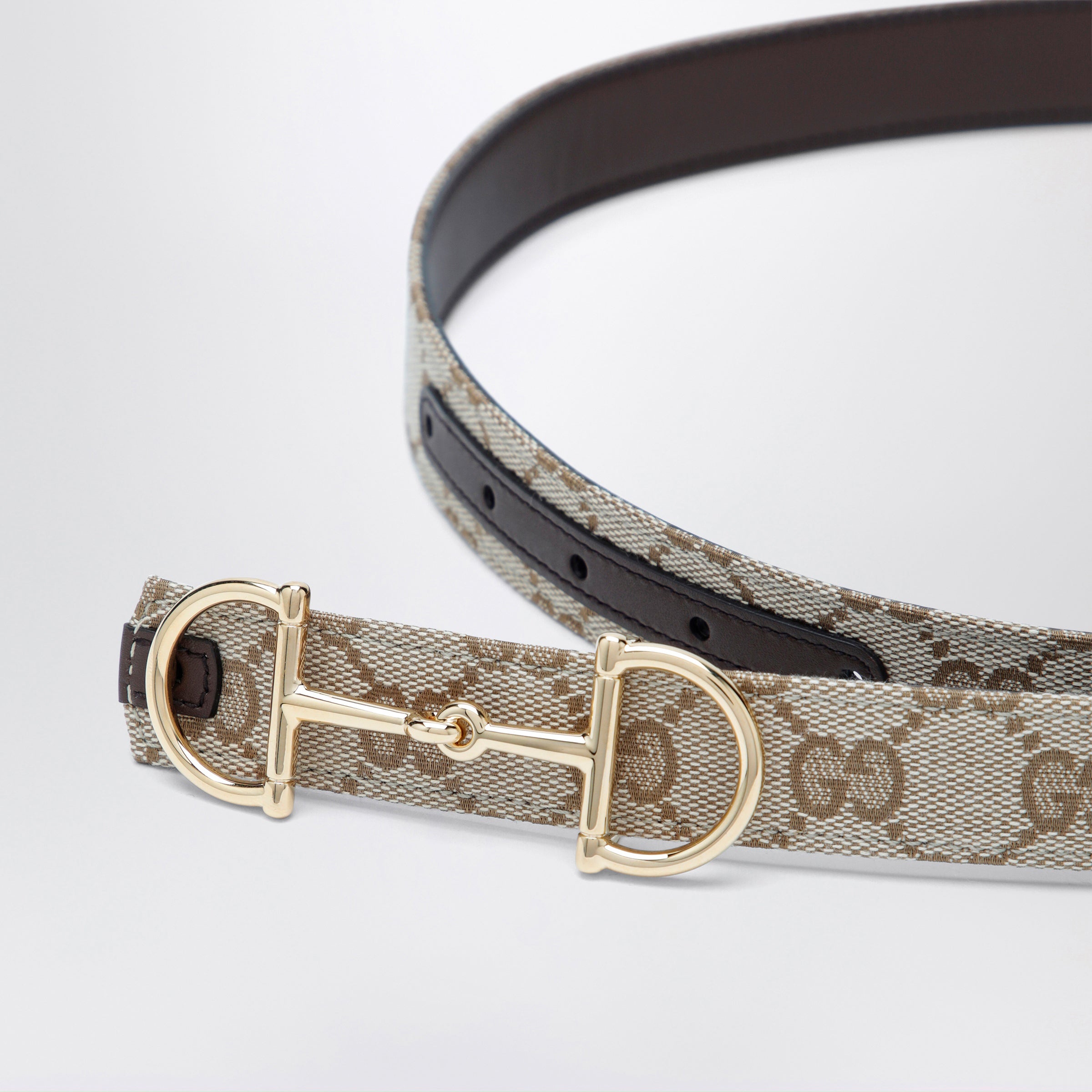 Gucci Reversible Gg Fabric And Leather Belt In Sand/Brown With Horsebit Buckle Women