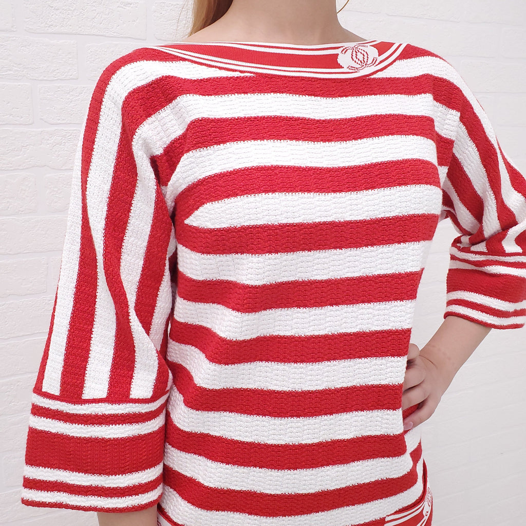 CHANEL 19P WHITE AND RED KNIT STRIPED CC LOGO BUTTONS MINI DRESS- SIZE 36