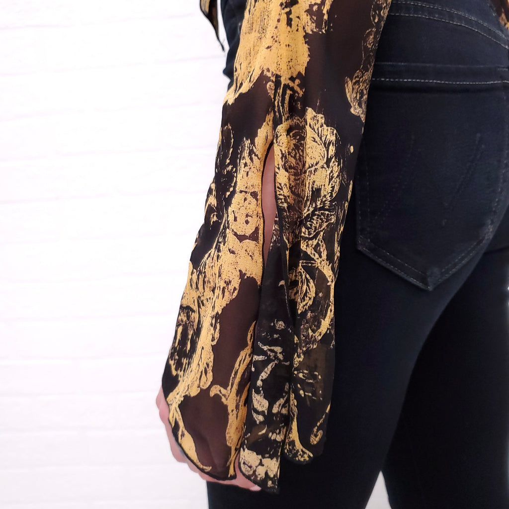 KNWLS BLACK AND YELLOW SHEER TIE UP BLOUSE ($900) - SIZE 6