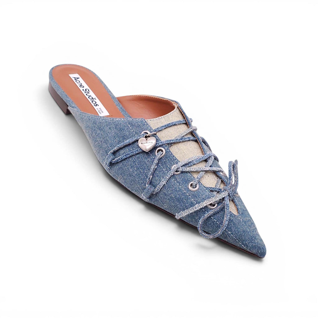 ACNE STUDIOS DENIM LACE-UP POINTED-TOE FLATS - SIZE 40