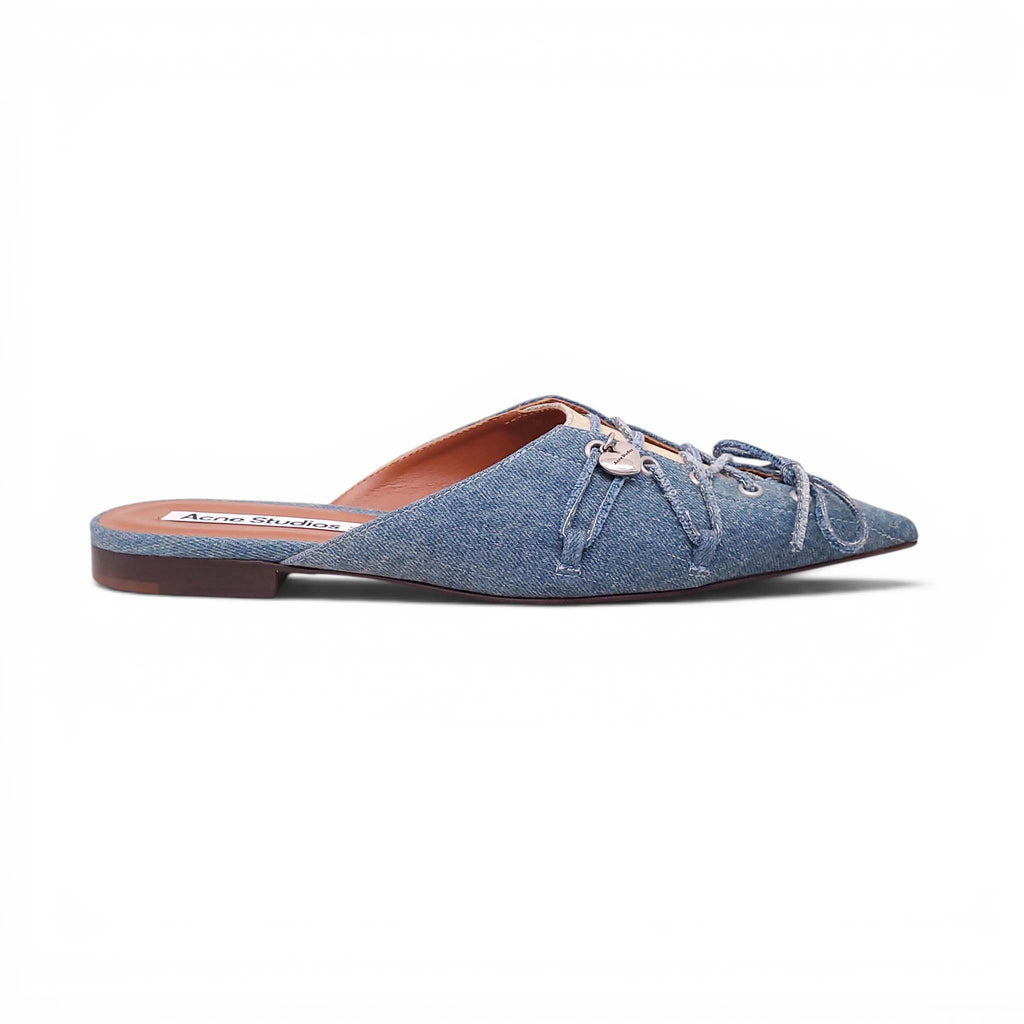 ACNE STUDIOS DENIM LACE-UP POINTED-TOE FLATS - SIZE 40