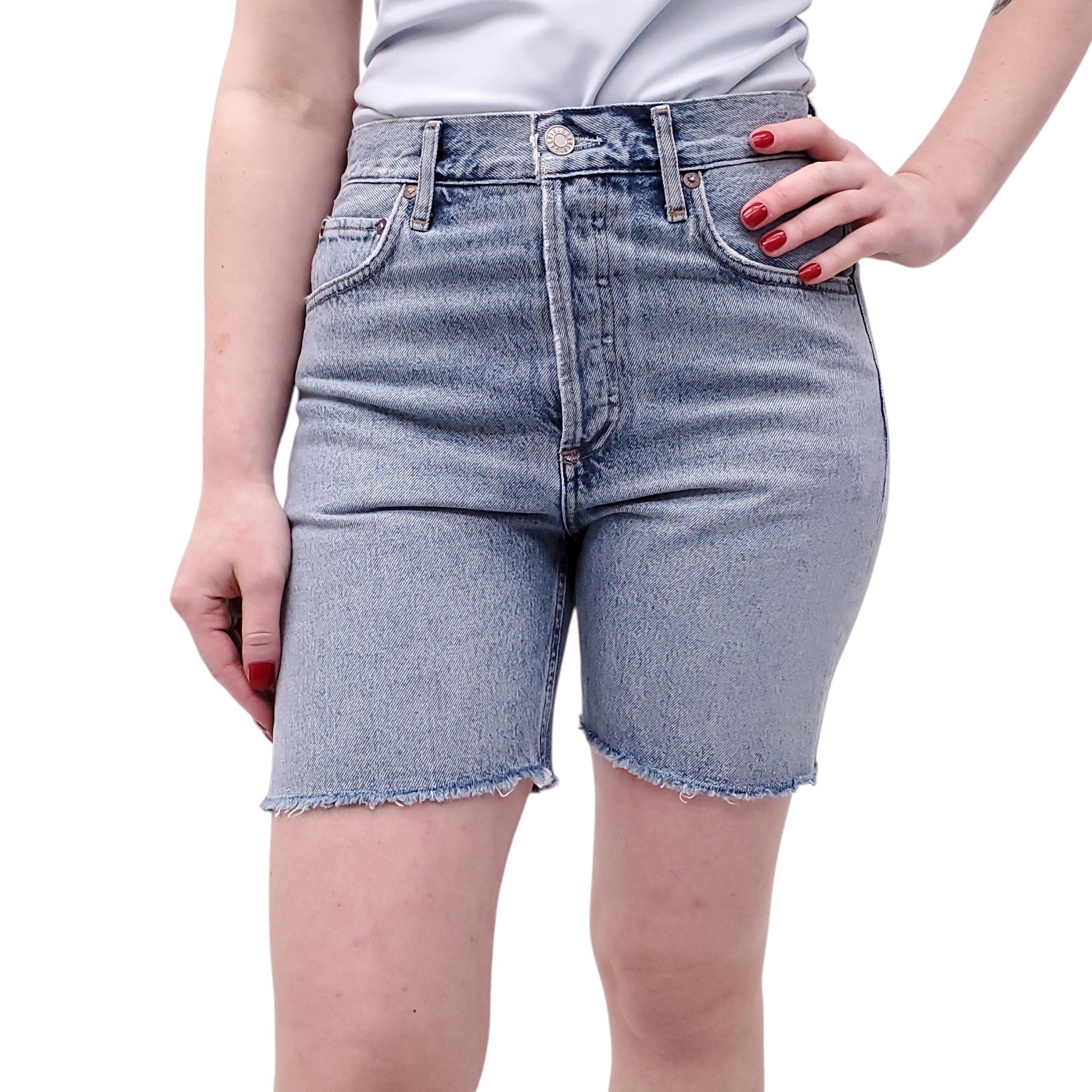 AGOLDE MEDIUM BLUE DENIM SHORTS WITH BUTTON-UP FLY - SIZE 25