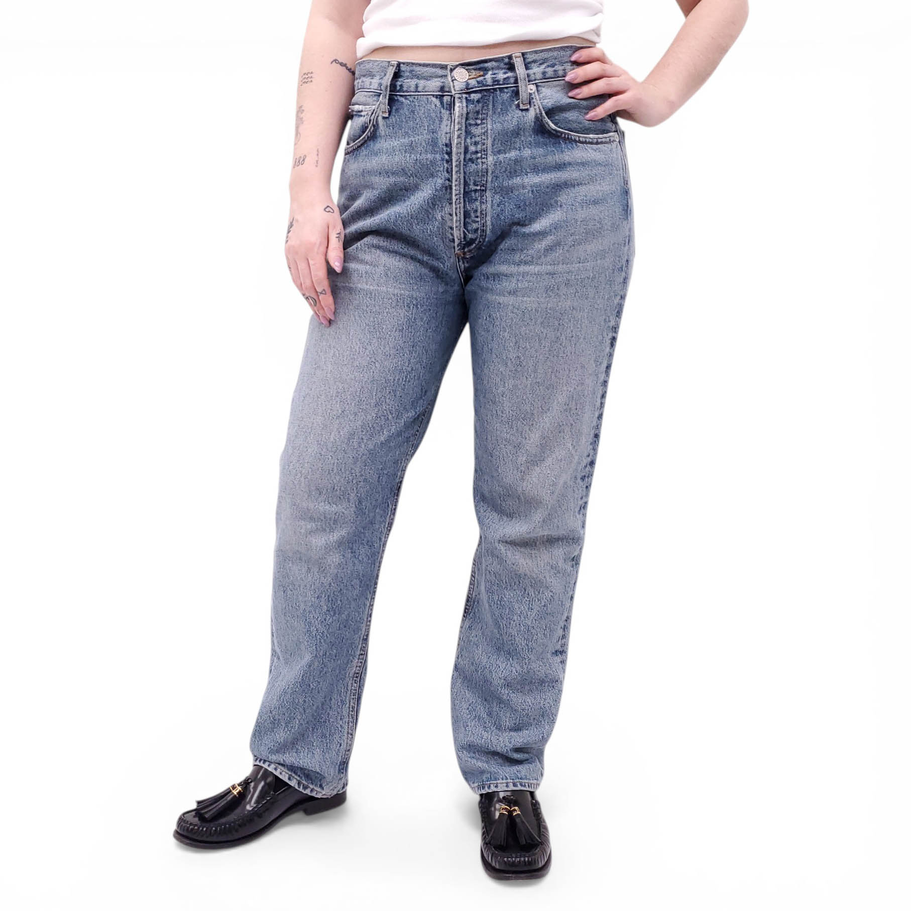 AGOLDE MEDIUM FADED BLUE STRAIGHT '90’S' JEANS - SIZE 29