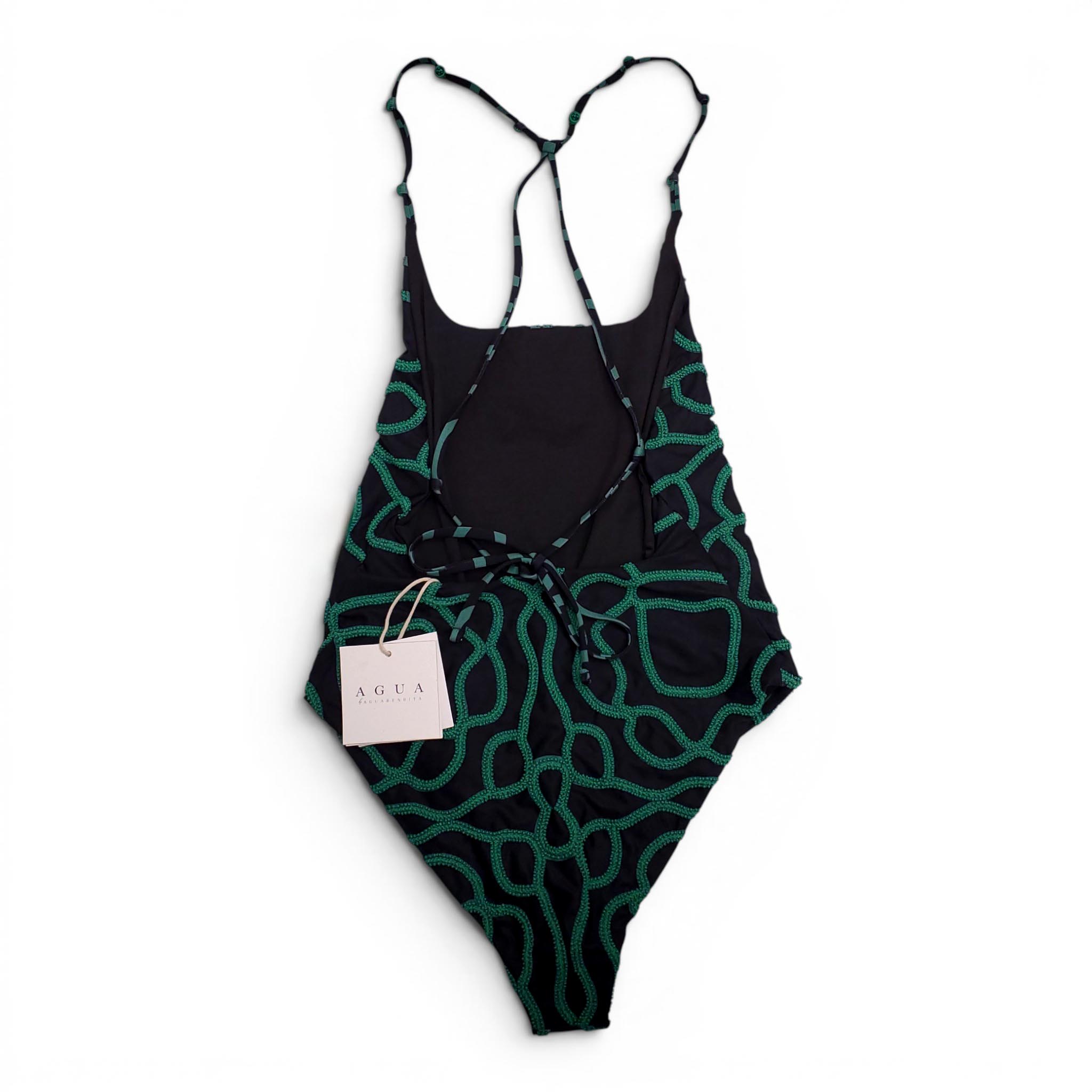 AGUA BENDITA BLACK AND GREEN EMBROIDERED BEADED ONE-PIECE SWIMSUIT - SIZE XS