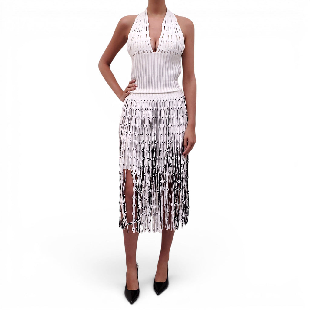 ALAÏA WHITE KNIT FRINGE DRESS - SIZE 40