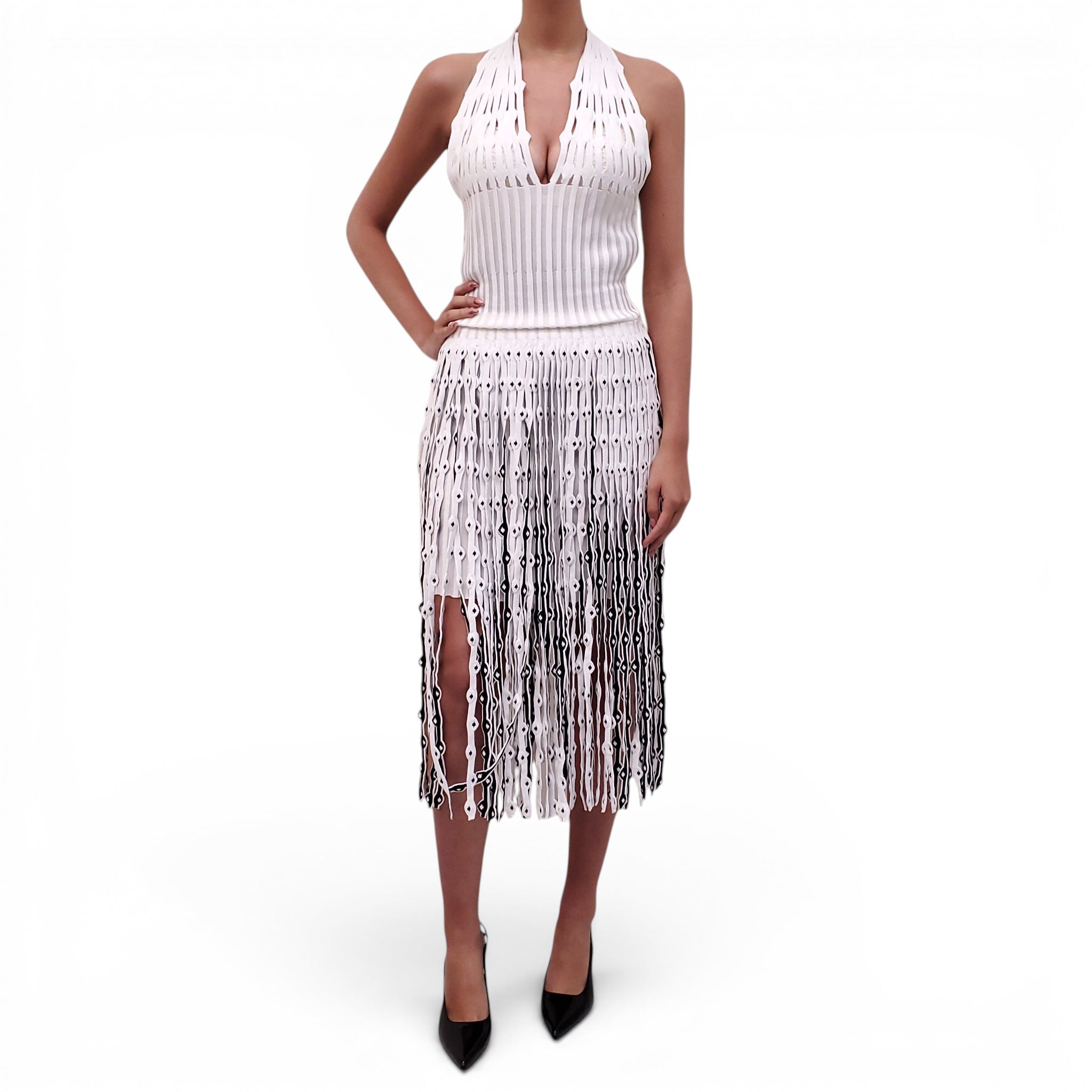 ALAÏA WHITE KNIT FRINGE DRESS - SIZE 40