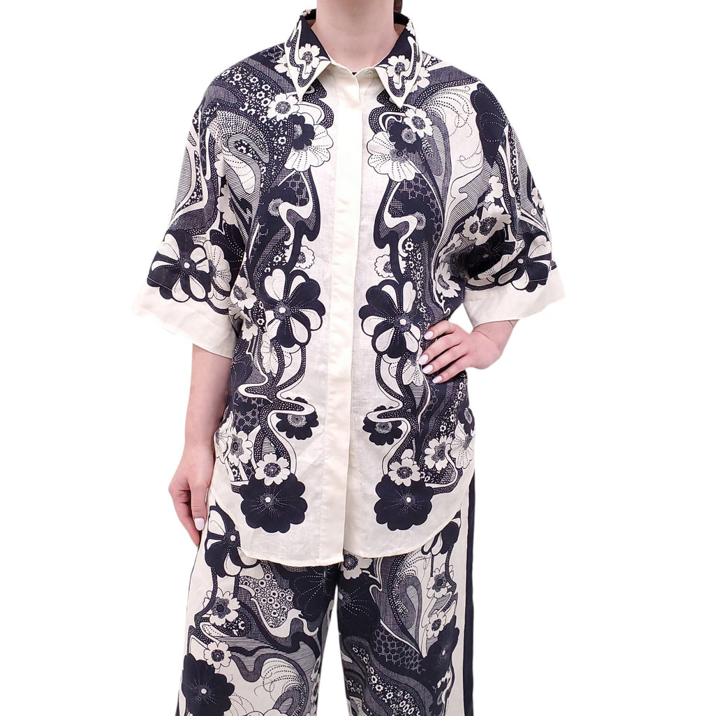 ALEMAIS CREAM AND NAVY FLAX LINEN FLORAL SET - SIZE 12