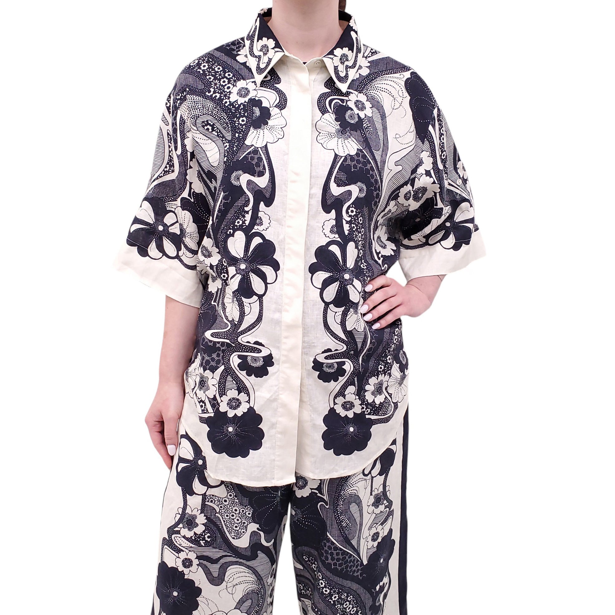 ALEMAIS CREAM AND NAVY FLAX LINEN FLORAL SET - SIZE 12