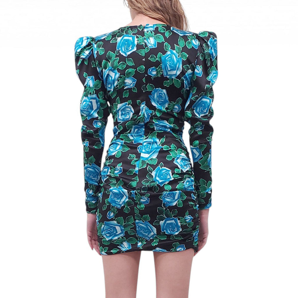 ALESSANDRA RICH BLACK AND BLUE FLORAL DRESS WITH RUCHING DETAIL - SIZE 40 (FITS SMALL)
