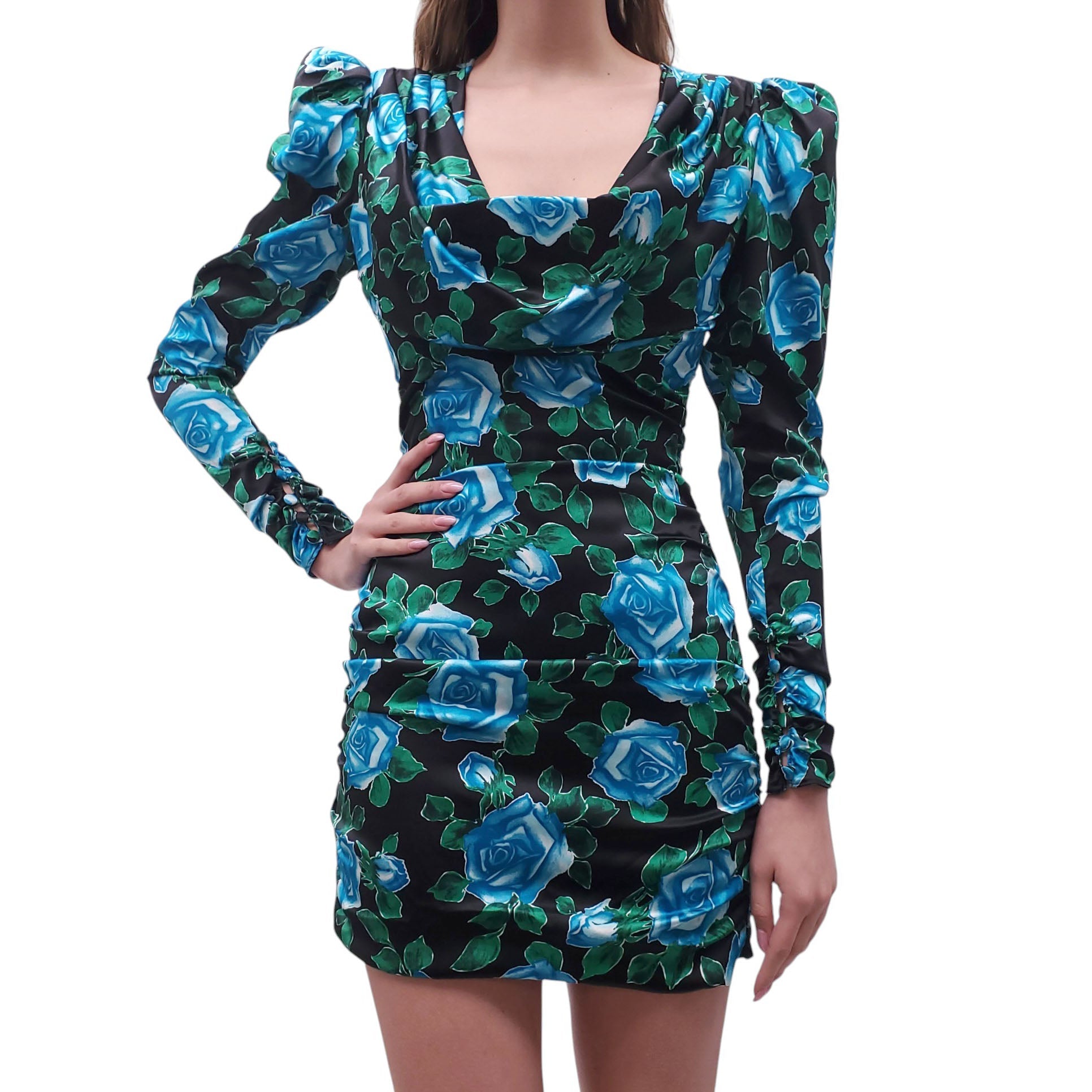 ALESSANDRA RICH BLACK AND BLUE FLORAL DRESS WITH RUCHING DETAIL - SIZE 40 (FITS SMALL)