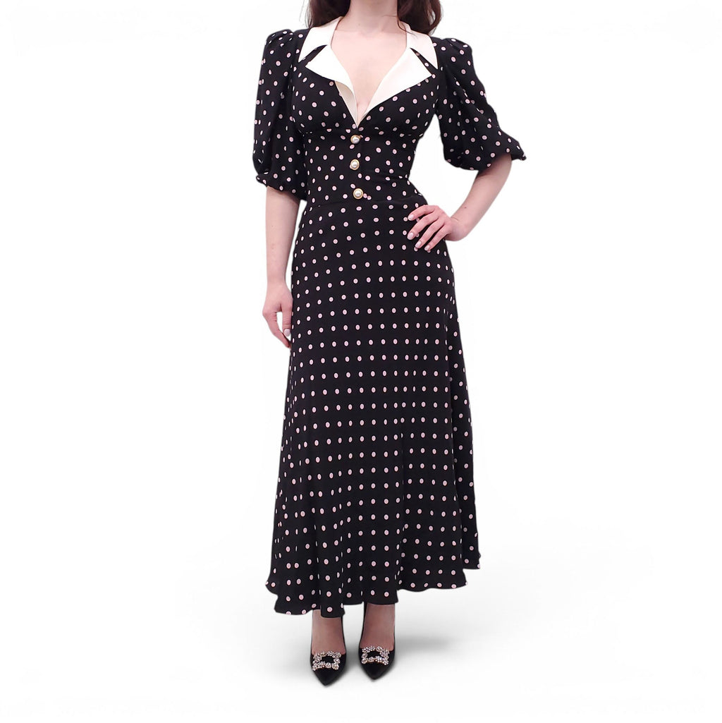 ALESSANDRA RICH BLACK AND PINK POLKA DOT RUFFLED SILK MIDI DRESS WITH PEARL BUTTONS - SIZE 36 (FITS SMALL)