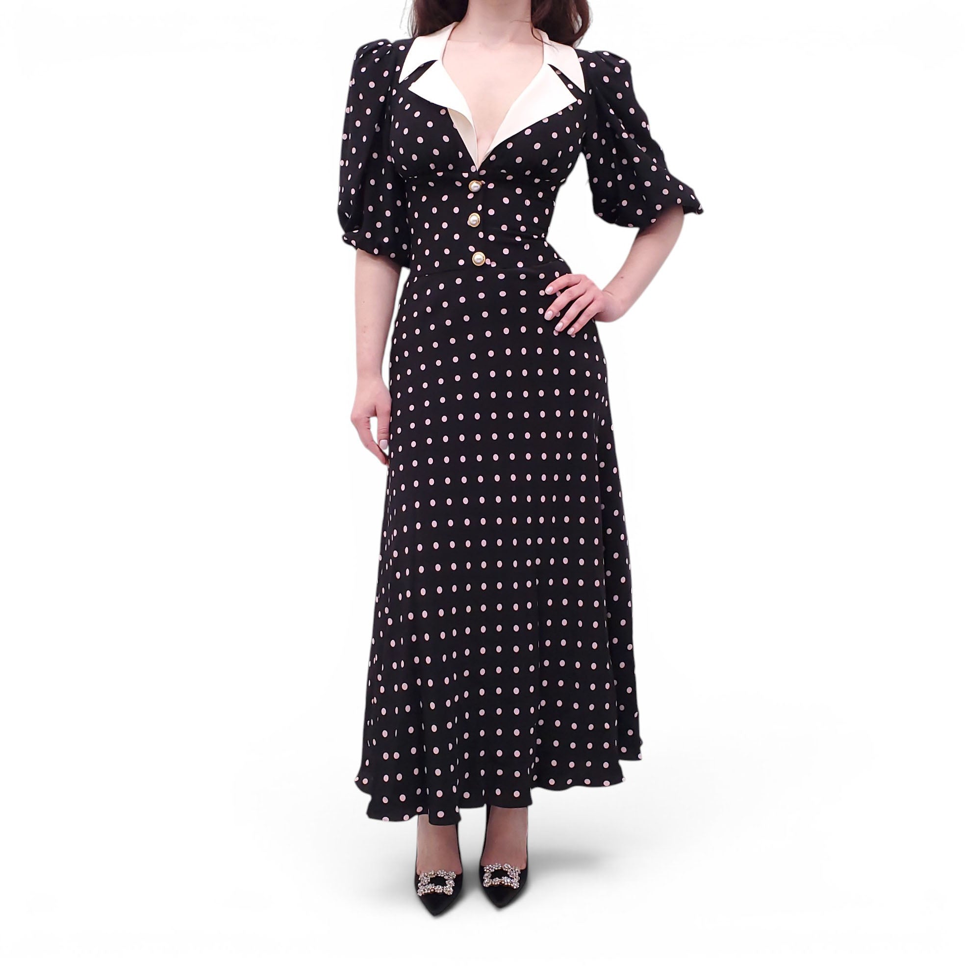 ALESSANDRA RICH BLACK AND PINK POLKA DOT RUFFLED SILK MIDI DRESS WITH PEARL BUTTONS - SIZE 36 (FITS SMALL)