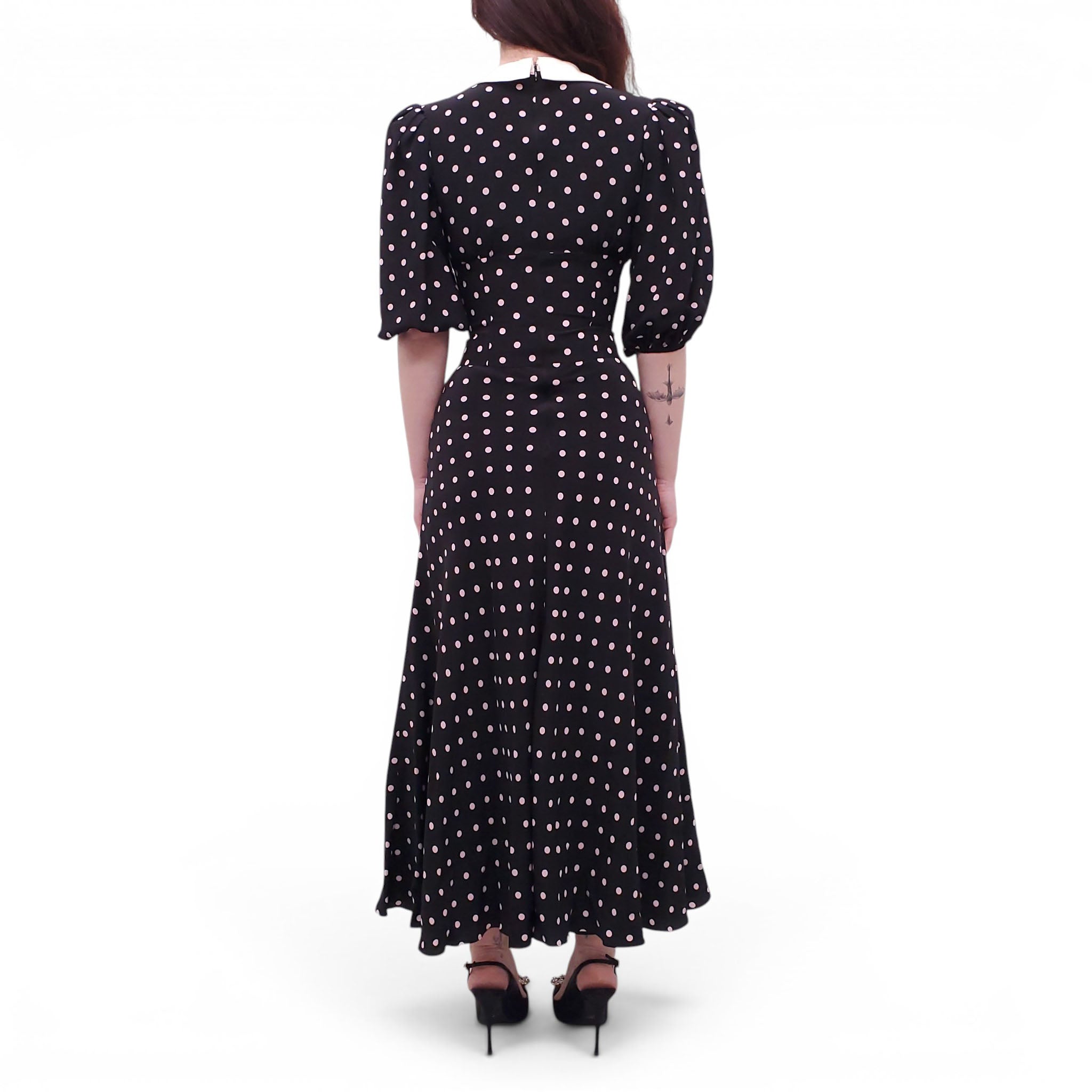 ALESSANDRA RICH BLACK AND PINK POLKA DOT RUFFLED SILK MIDI DRESS WITH PEARL BUTTONS - SIZE 36 (FITS SMALL)