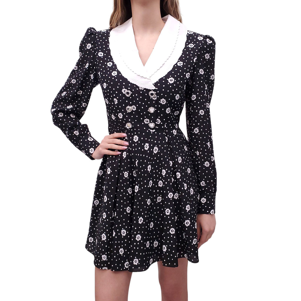ALESSANDRA RICH BLACK AND WHITE POLKA DOT FLORAL DRESS WITH COLLAR AND HEART BUTTONS - SIZE 44