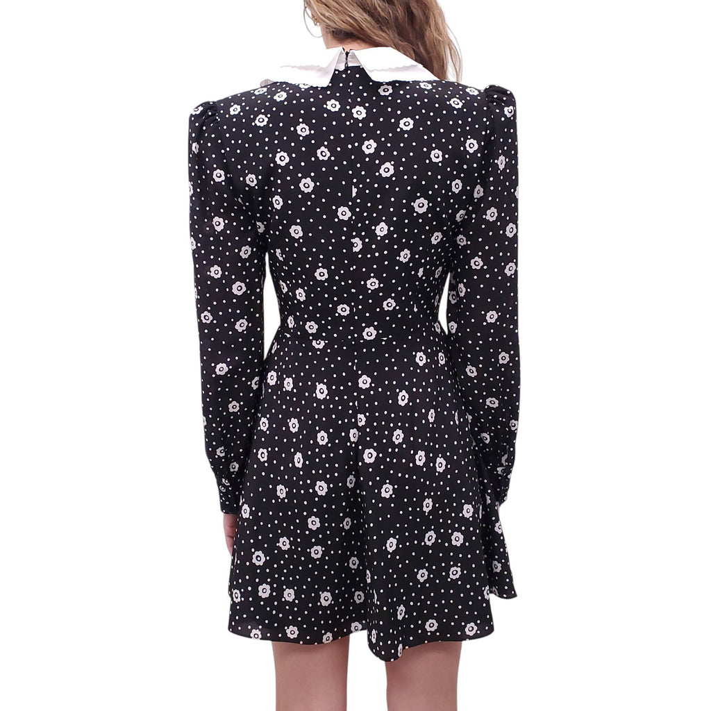 ALESSANDRA RICH BLACK AND WHITE POLKA DOT FLORAL DRESS WITH COLLAR AND HEART BUTTONS - SIZE 44